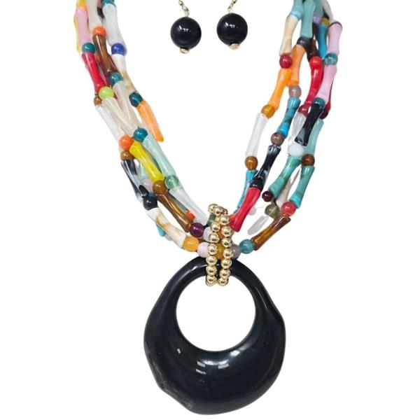 MULTI STRAND MIXED BEAD DISC PENDANT STATEMENT NECKLACE EARRING SET