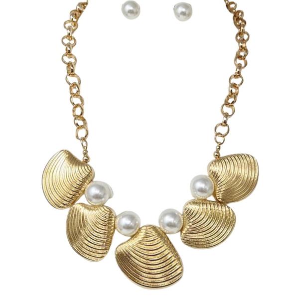 METAL PEARL SHELL STATEMENT NECKLACE EARRING SET