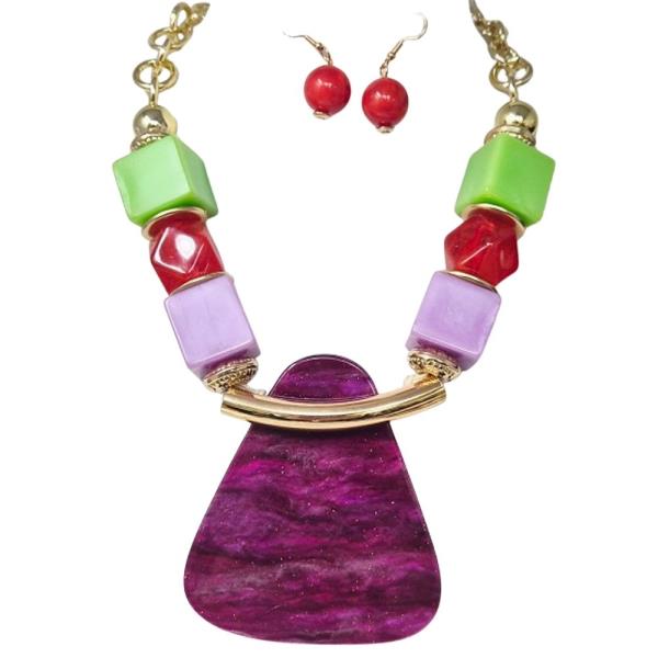 RESIN SQUARE BEAD METAL PENDANT STATEMENT NECKLACE EARRING SET