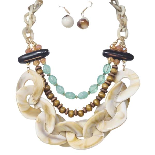 MULTI STRAND MIXED BEAD STATEMENT NECKLACE EARRING SET