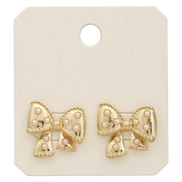 BOW PEARL STUD METAL EARRING