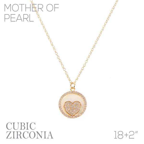 CZ MOP HEART DISC NECKLACE