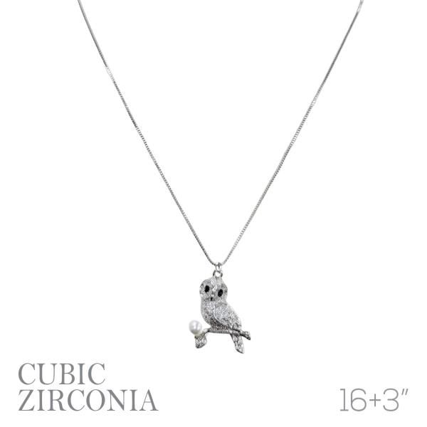 CZ OWL PEARL PENDANT NECKLACE
