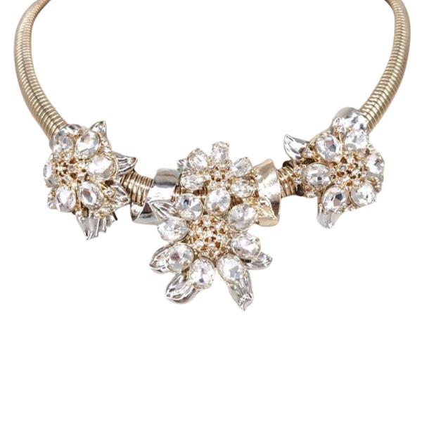 METAL SNAKE CHAIN RHINESTONE FLORAL CLUSTER STATEMENT NECKLACE