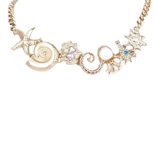 METAL CHAIN SEALIFE STARFISH SWIRL SHELL RHINESTONE NECKLACE