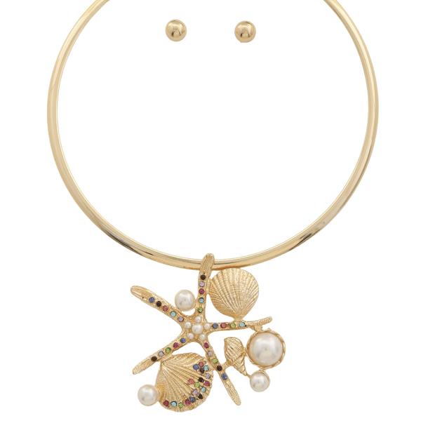 METAL BANGLE SEALIFE SHELL CORAL PENDANT NECKLACE EARRING SET