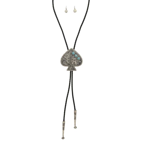 SPADE DESIGN TURQUOISE STONE BOLO LONG NECKLACE EARRING SET