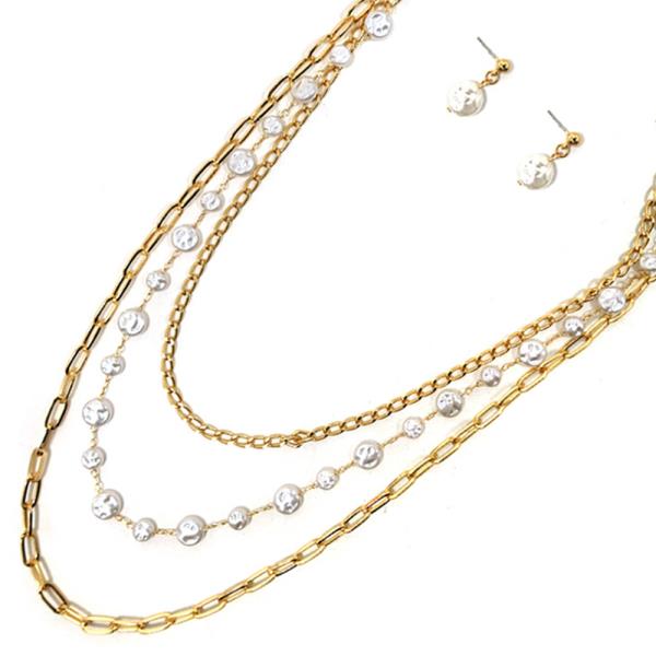 LAYERED W PEARL NECKLACE EARRING SET