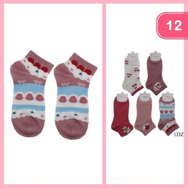 CUTE TEDDY BEAR APPLE CHERRY PRINT ANKLE SOCKS (12 UNITS)