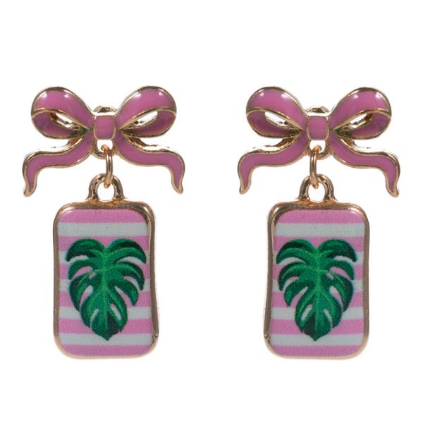 BOW SHAPED ENAMEL POST W/ MONSTERA PRINTED PARTY EARRINGS
