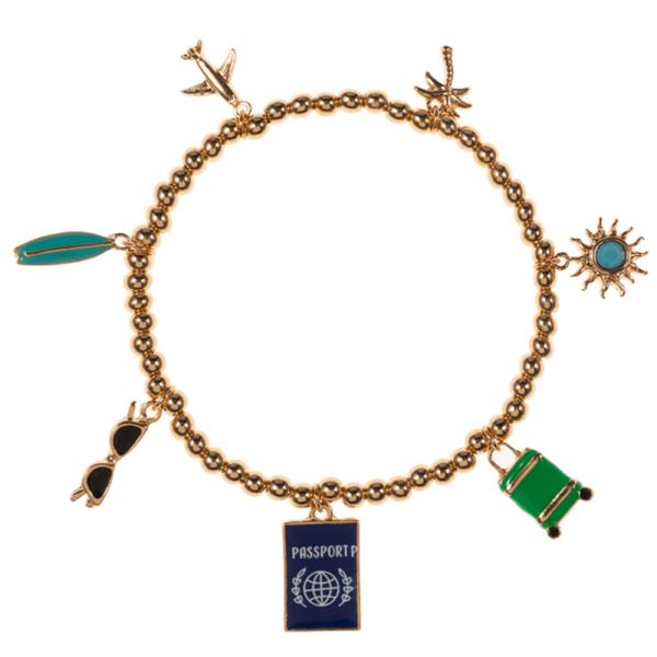 MIXED TRAVEL ICON SHAPED ENAMELED CHARMS STRETCH BRACELET