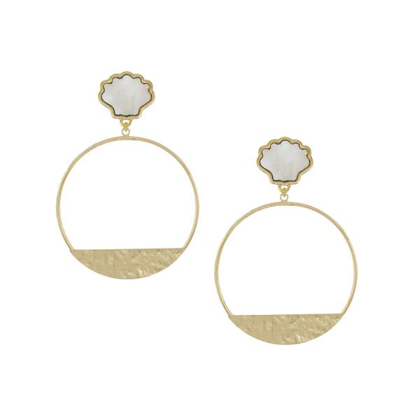 2" MOTHER OF PEARL SHELL POST ROUND METAL DROP EARRINGS