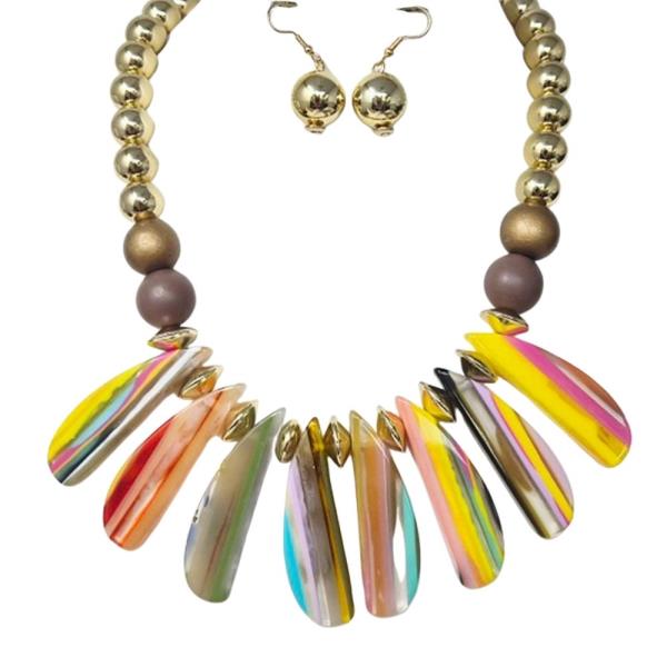 MULTI STRAND MIXED BEAD SPIKE STATEMENT NECKLACE EARRING SET