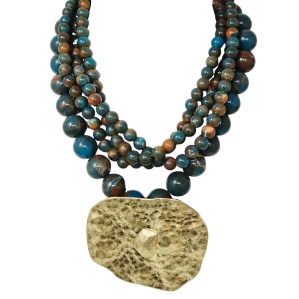 MULTI STRAND BEADED STONE METAL PENDANT STATEMENT NECKLACE
