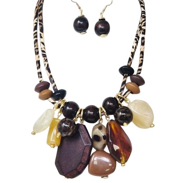 SCARF LINE MIXED STONE CLUSTER STATEMENT NECKLACE EARRING SET