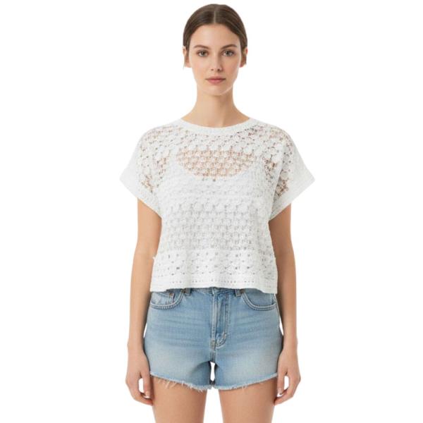 CROCHET KNIT SHORT SLEEVE CROP TOP
