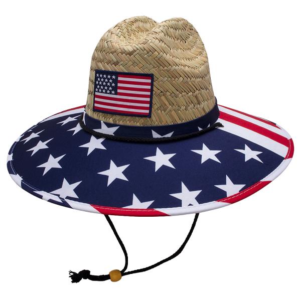 USA FLAG DRAWSTRING STRAW SUN HAT