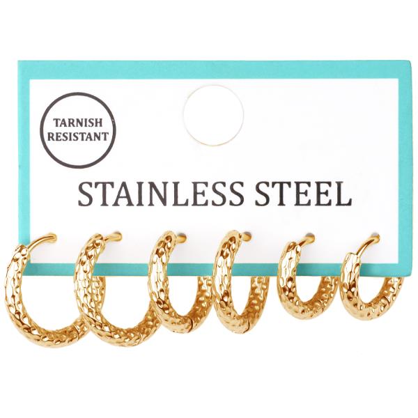 METAL STAINLESS TEXTURE 3PAIR HOOP HUGGIE EARRING