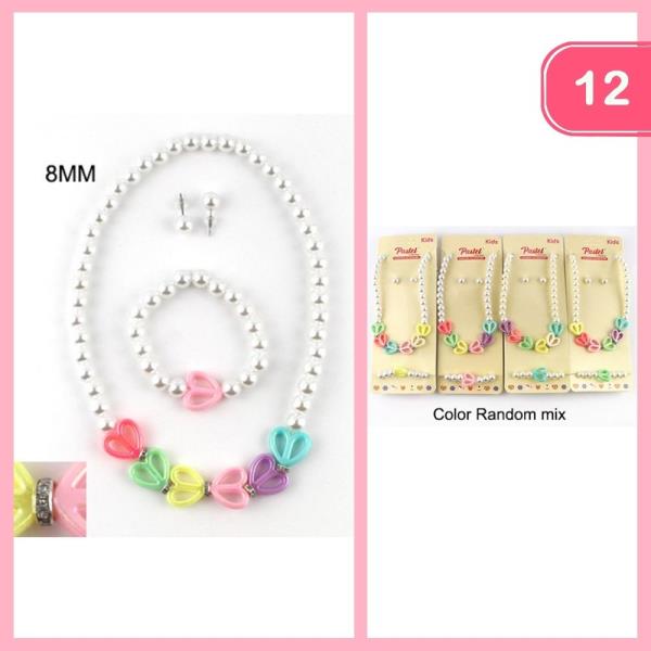 PEARL HEART PENDANT NECKLACE BRACELET EARRING SET (12 UNITS)