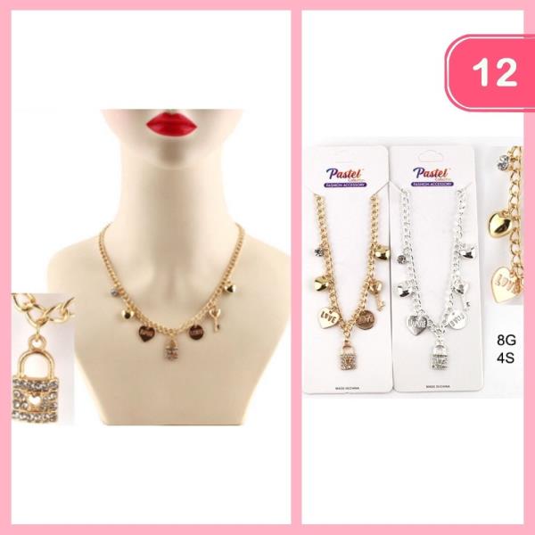 RHINESTONE LOCK CHARM NECKLACE (12 UNITS)