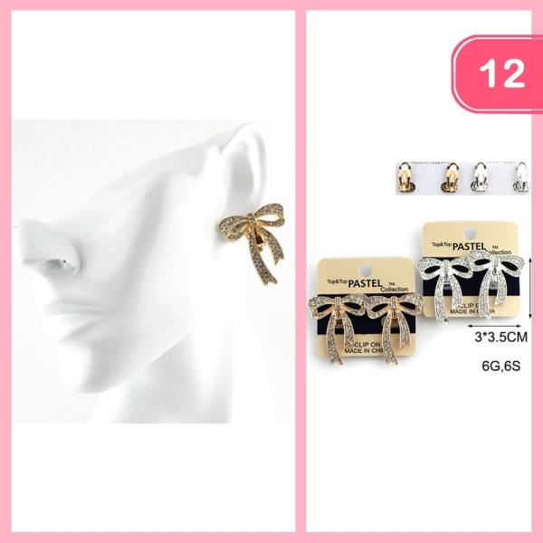 RHINESTONE BOW CLIP ON EARRINGS (12 UNITS)