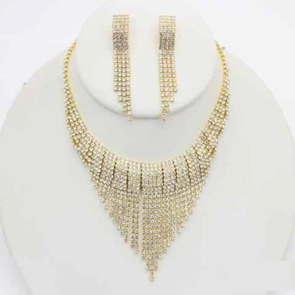 RHINESTONE FRINGE TASSEL STATEMENT NECKLACE EARRING SET