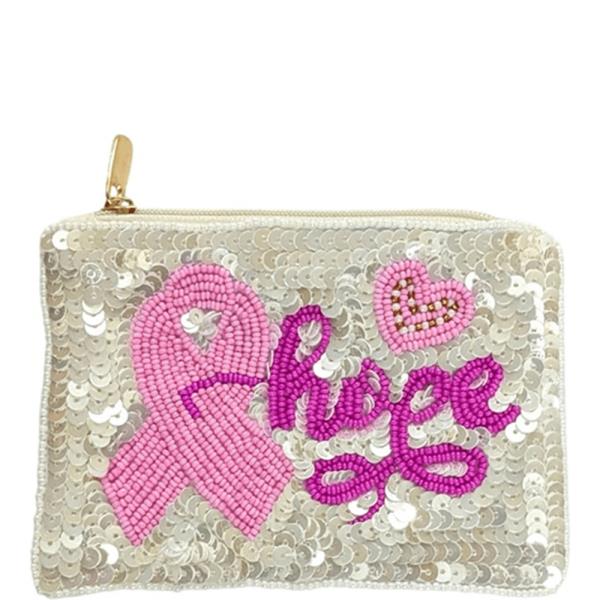 SEQUIN HOPE PINK RIBBON BRAEST CANCER COIN PURSE BAG