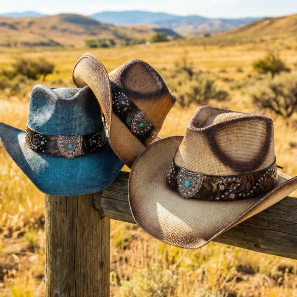 VINTAGE STRAW COWBOY HAT WITH TURQUOISE SHIELD  SUNBURST EMBLEM BAND