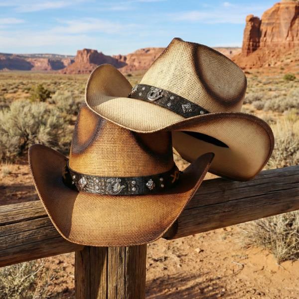VINTAGE STRAW COWBOY HAT WITH WILD LEATHER RHINESTONE HORSESHOE BAND