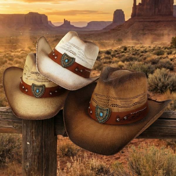 VENTED VINTAGE COWBOY STRAW HAT WITH "THE AZTEC SHIELD" TURQUOISE CONCHO