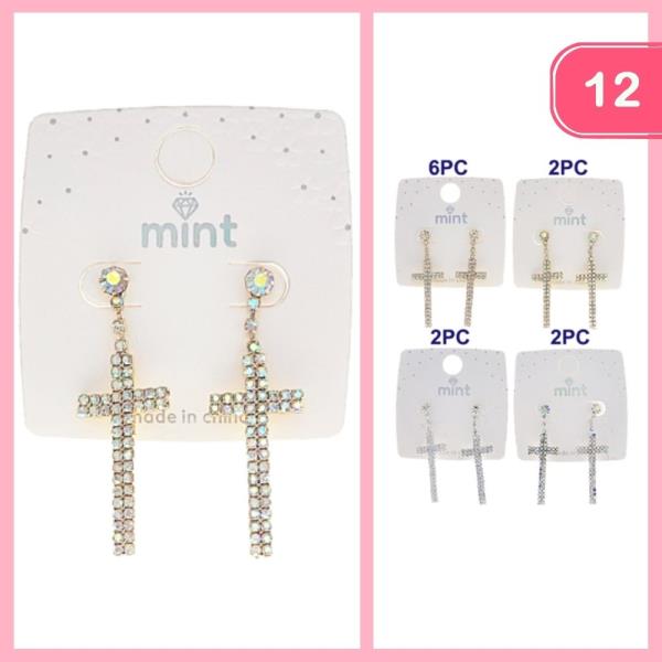 RHINESTONE CROSS DANGLE EARRINGS (12 UNITS)