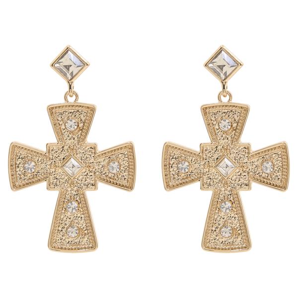 TEXTURED CRYSTAL CROSS METAL EARRING
