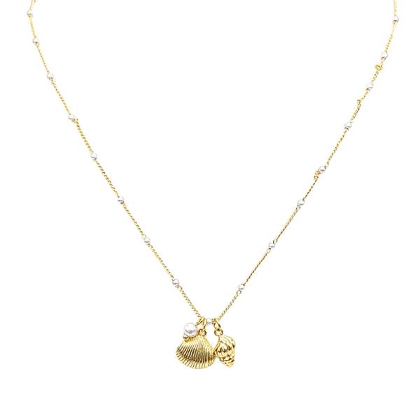 18K BRASS- SHELLS PDT PEARL STATION NECKLACE
