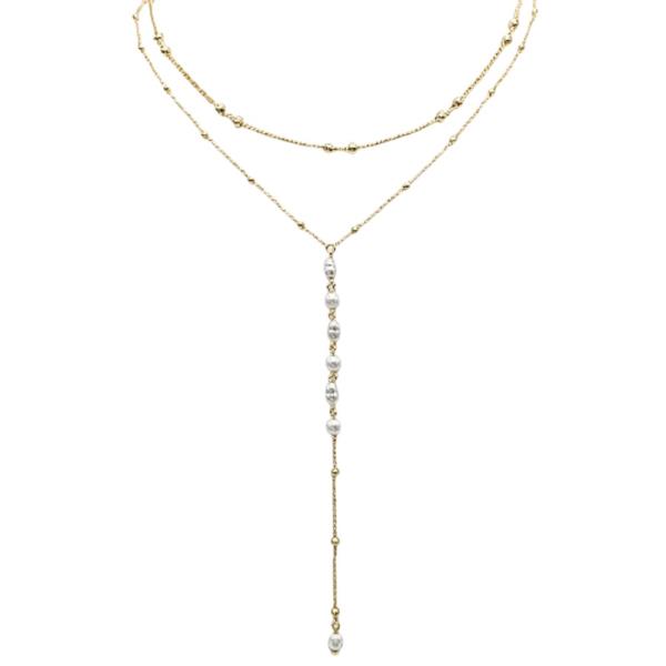 BRASS- 2 LYD PEARL LARIAT NECKLACE