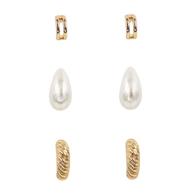 3PRS TEARDROP PEARL HOOP EARRING SET