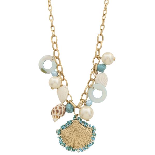 SEA CHARM PEARL SHELL PENDANT CHAIN LINK NECKLACE