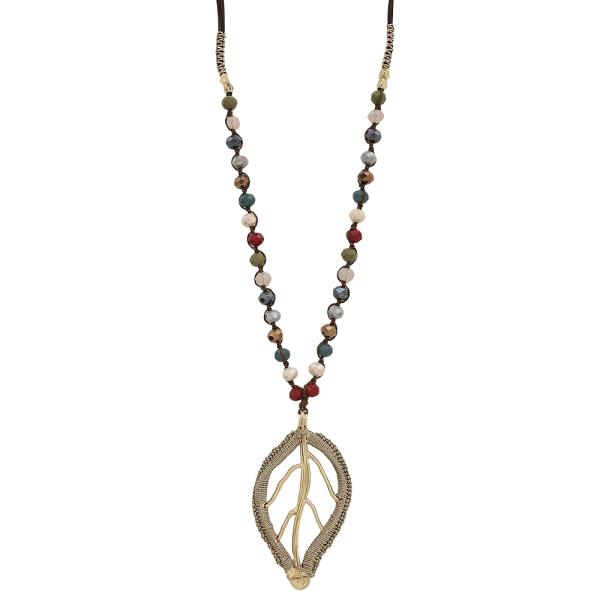 LEAF METAL PENDANT COLORFUL BEAD NECKLACE