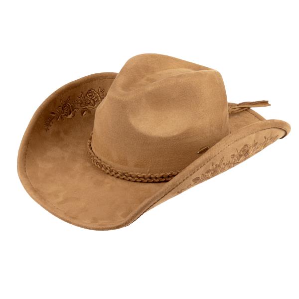 FAUX SUEDE COWBOY HAT WITH FLORAL EMBROIDERY PATTERN