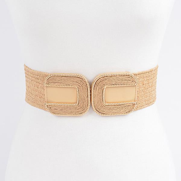 FAUX STRAW TWO BUCKLES ELASTIC BELT