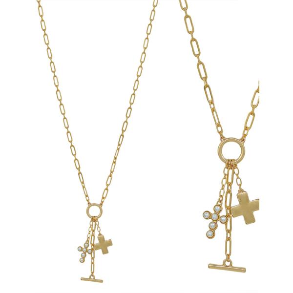 18" Y DROP MULTI CHARM CROSS, PEARL, BAR PENDANT SHORT NECKLACE