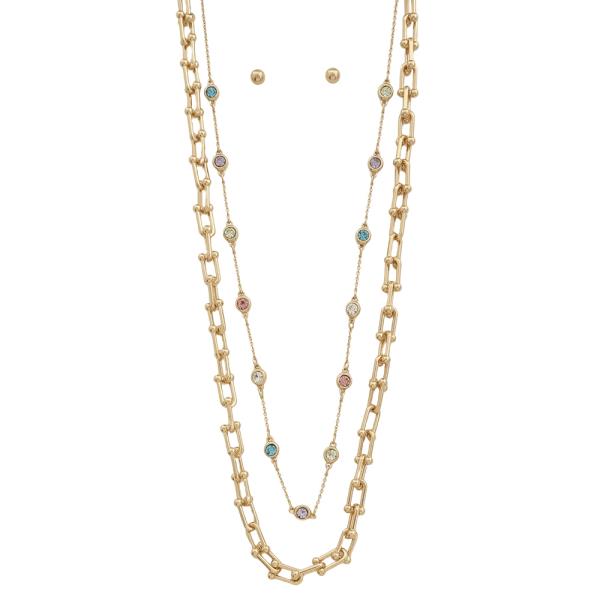 2 LAYERED TIFFANY CHAIN & 5MM CRYSTAL STONE LAYERED SHORT NECKLACE EARRING SET