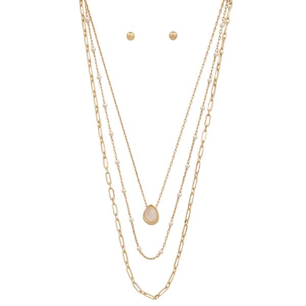 14" 16" 18" 3 LAYERED PEARL CHAIN ACCENT TEARDROP PENDANT SHORT NECKLACE EARRING SET