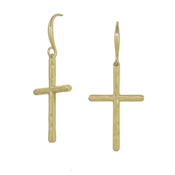 1.2" HAMMERED TEXTURED CROSS METAL DESIGNER FISH HOOK EARRINGS