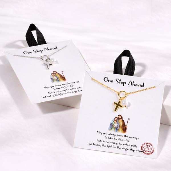 18K GOLD DIPPED ONE STEP AHEAD CROSS PEARL PENDANT NECKLACE
