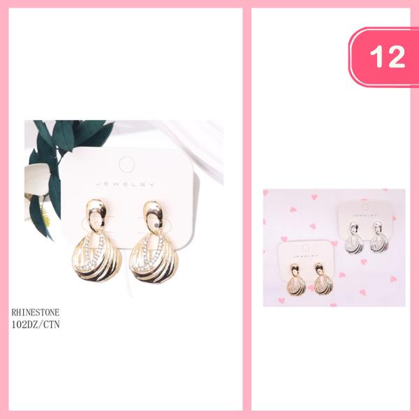 RHINESTONE METAL LAYERED DANGLE EARRINGS (12 UNITS)