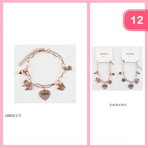 BOW HEART FLOWER CHARM BRACELET (12 UNITS)