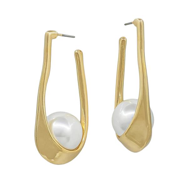 2" WAVE METAL LARGE PEARL ACCENT HOOP EARRINGS