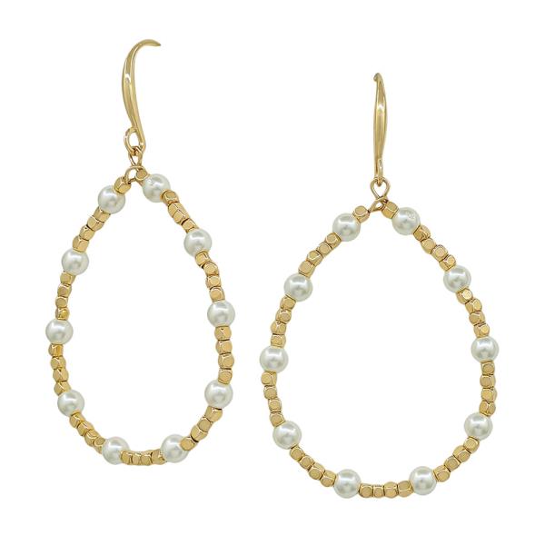 1.5" TEARDROP 4MM PEARL 2MM SQUARE CCB DESIGNER FISH HOOP EARRINGS