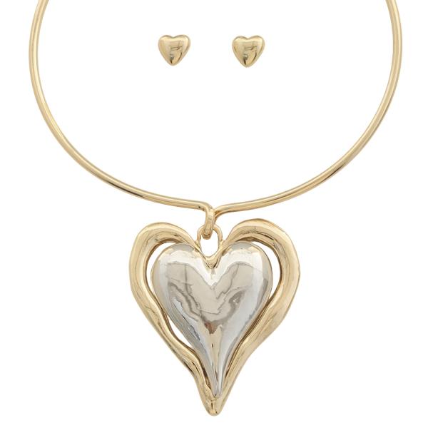 TWO TONE HEART PENDANT CHOKER NECKLACE EARRING SET