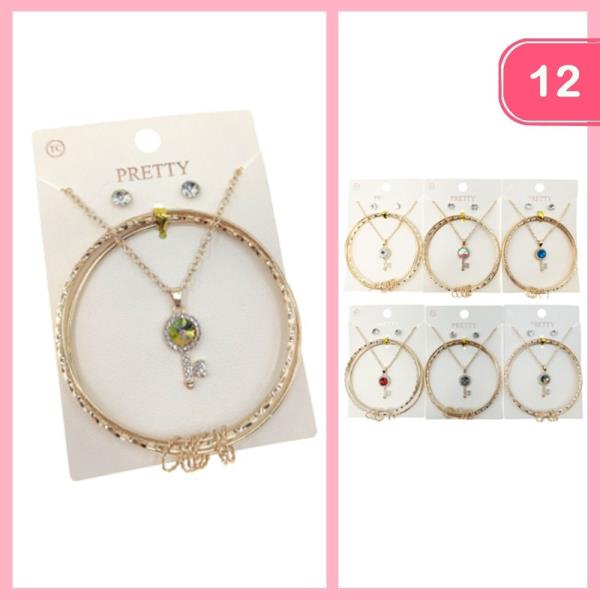 RHINESTONE KEY CHARM NECKLACE BRACELET EARRING SET (12 UNITS)